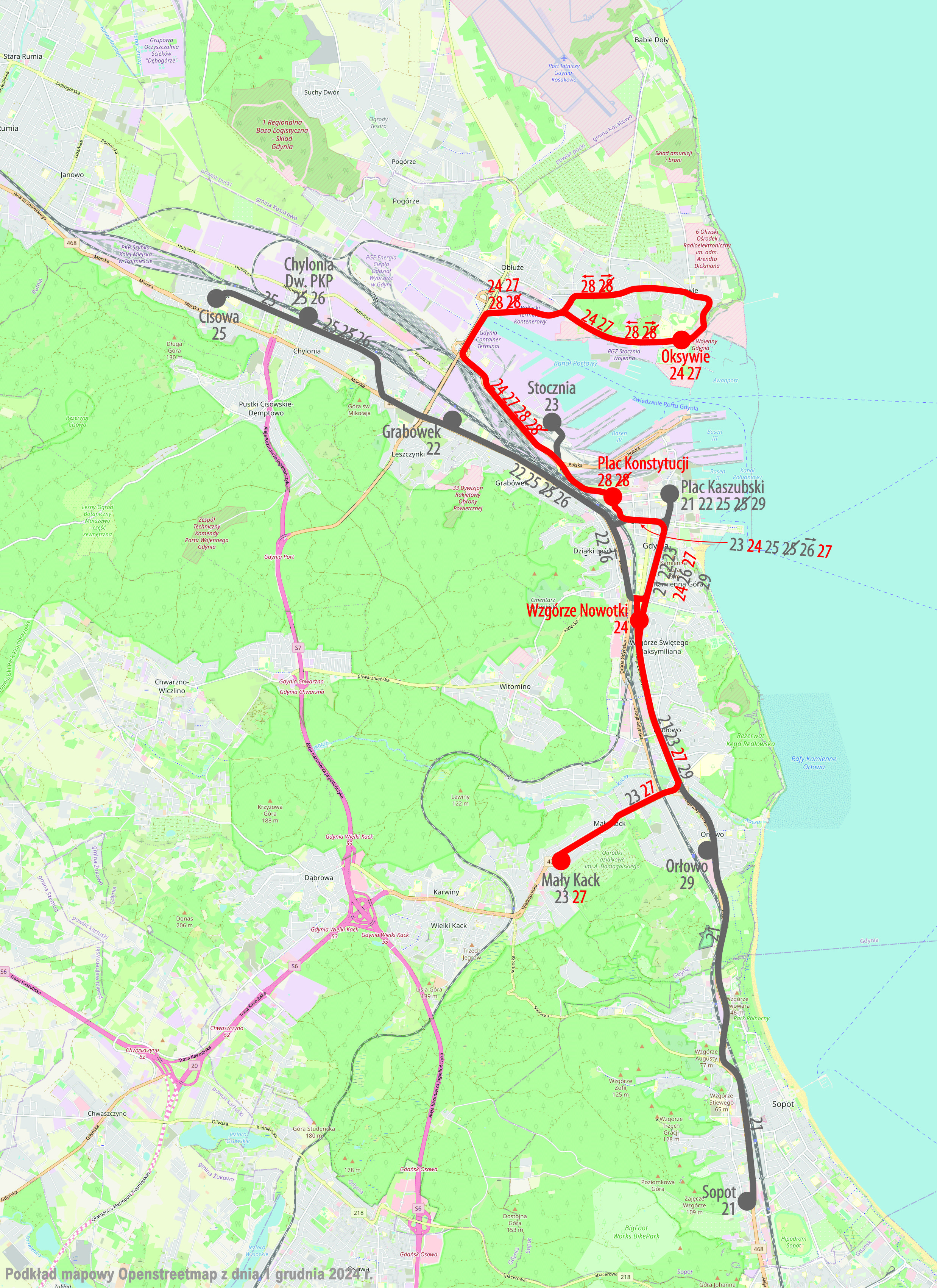 1966. Sieć gdyńskiej komunikacji trolejbusowej w dniu wydłużenia trasy linii 24 do Wzgórza Nowotki - 7 sierpnia 1966 r., z zaznaczonymi czerwonym kolorem trasami linii 24, 27, 28 i 28 kreślone. Źródło: opracowanie własne na podstawie materiałów rozproszonych