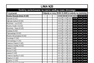 Tabelaryczny rozkład jazdy linii N20 - w nocy 25/26.10.2025 (png)