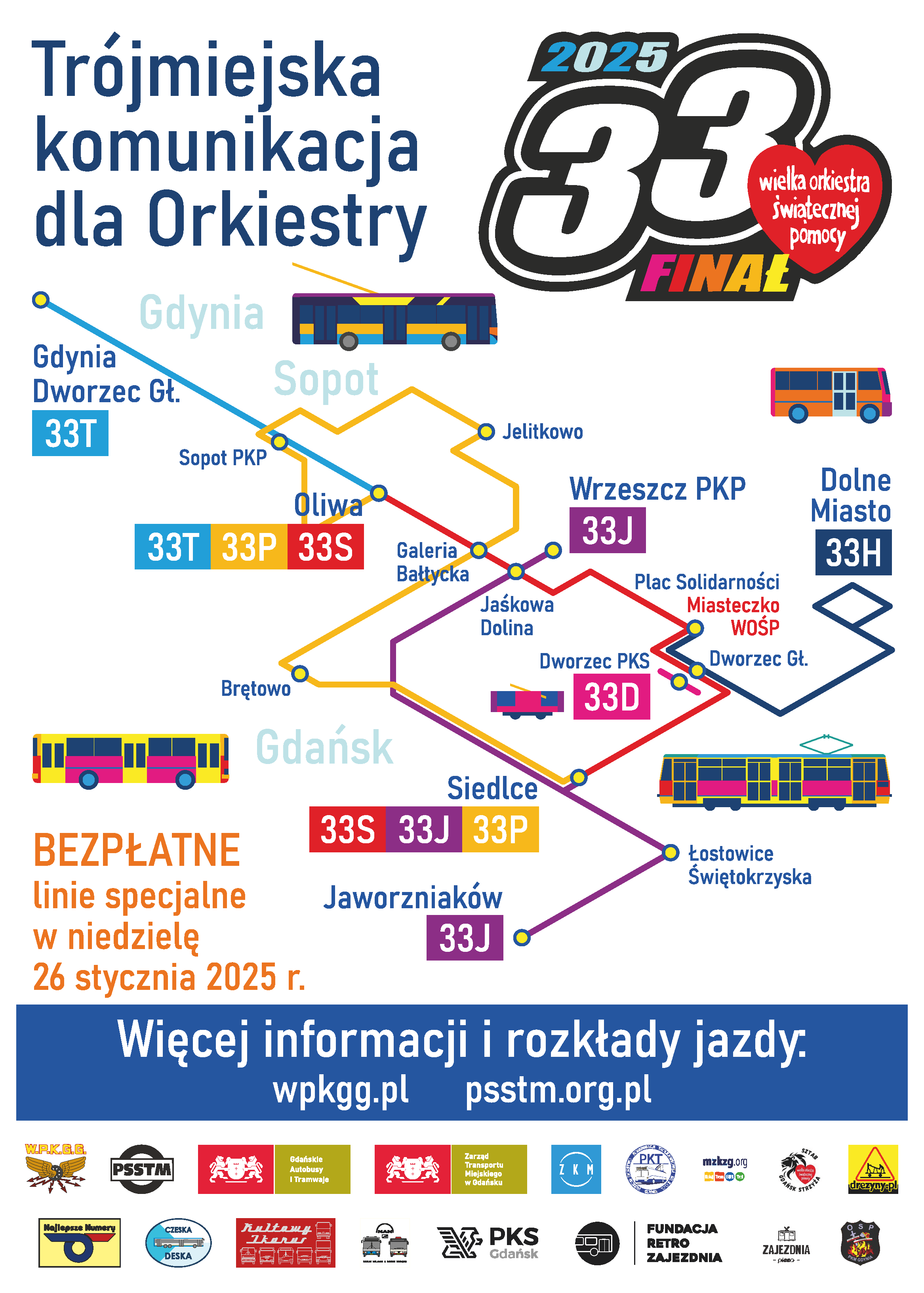 Trójmiejska komunikacja dla Orkiestry, schemat bezpłatnych linii specjalnych